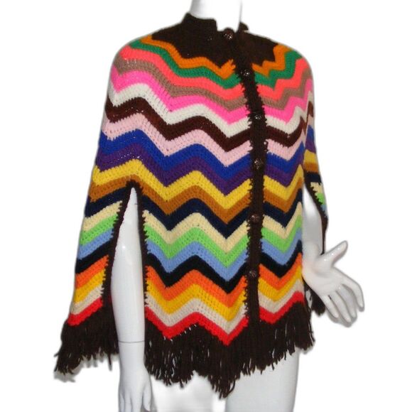 Handmade Vintage Cape, OS, Multicolor, Fringe, Button front, Arm vents, Chevrons - Picture 2 of 9
